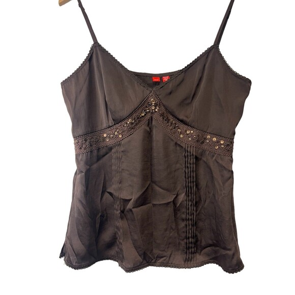 Y2K 2000s Esprit Brown Satin Beaded Sequin Boho Fairy Grunge Cami Tank Top Large - Picture 2 of 14